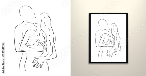 Couple hugging vector line art drawing illustration