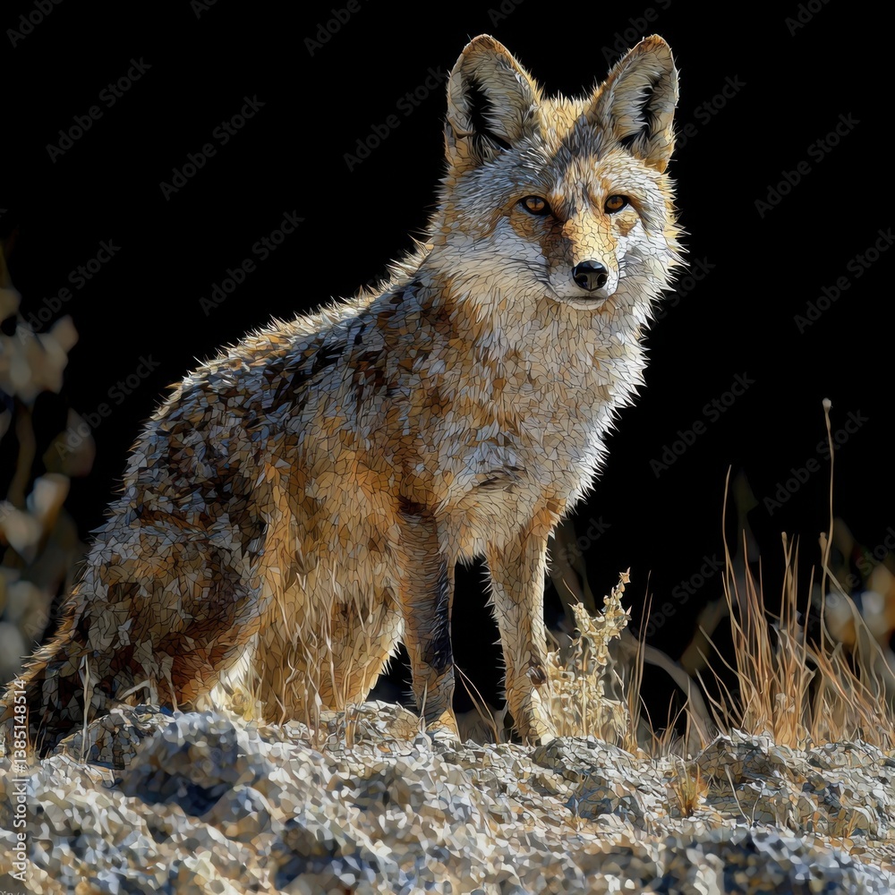 Naklejka premium A low-poly stylized jackal, lean and alert, stands proudly on desert rocks, its fur textured in shades of gold and brown against a stark black background, showcasing a detailed