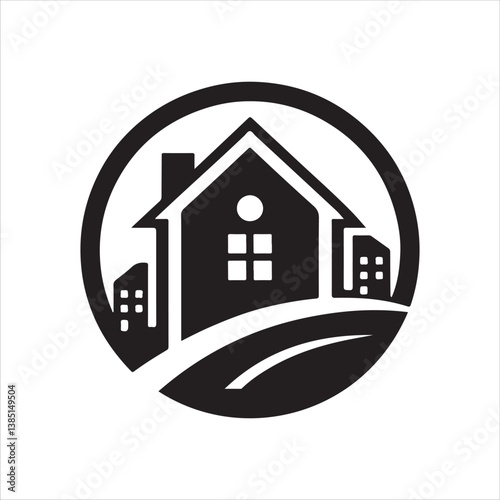 Stylized black and white logo combining suburban houses with modern city skyscrapers. Ideal for real estate branding.