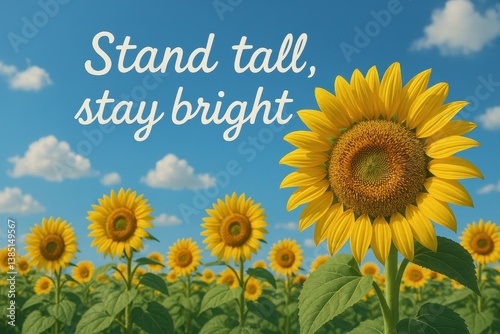 Vibrant sunflower field under clear blue sky with motivational message