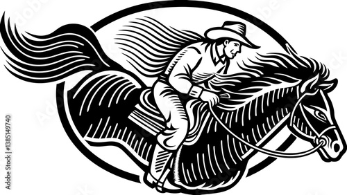 Vector design of a cowboy on a bucking bronco, with motion lines to show the wildness of the horse's movement.