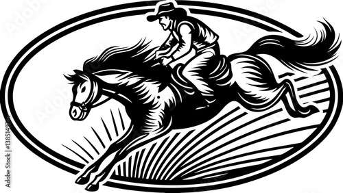 Vector design of a cowboy on a bucking bronco, with motion lines to show the wildness of the horse's movement.