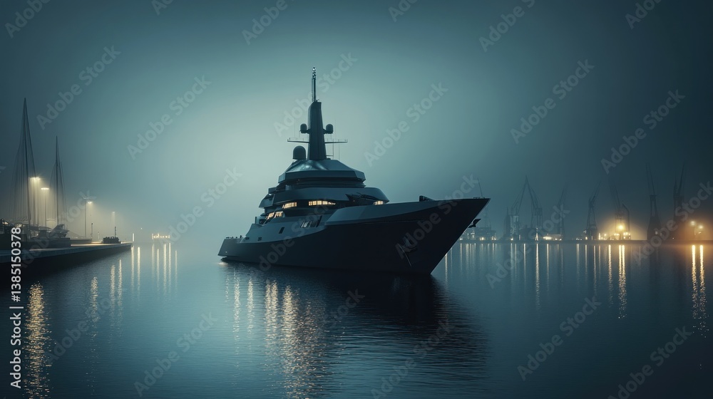 Luxury yacht docks at night, harbor, city lights Luxury yacht docks at night, harbor, city lights