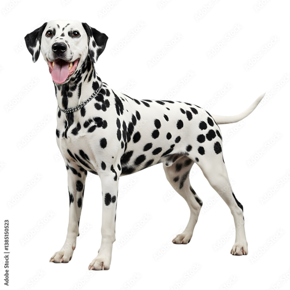 Happy dalmatian dog standing with tongue out and black spots on transparent background Happy dalmatian dog standing with tongue out and black spots on transparent background