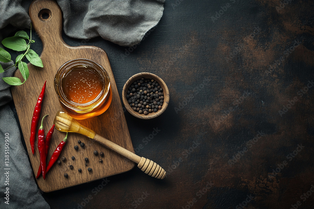 A picture of honey and chili peppers on a wooden board, with a gray cloth next to it. A picture of honey and chili peppers on a wooden board, with a gray cloth next to it.