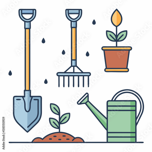 Design a vector icon pack featuring bold stroke gardening tools; shovel, watering can, rake, gloves, seedlings.  High detail, clean lines.