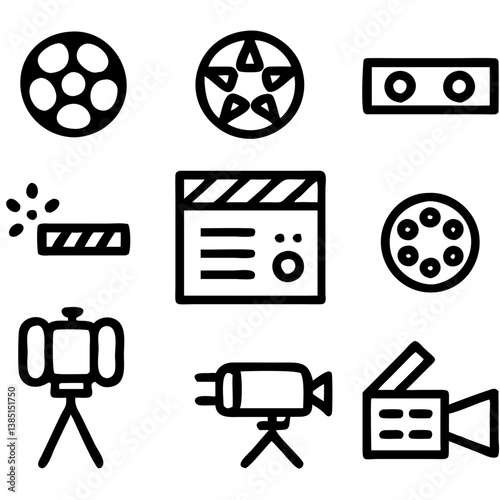 A playful collection of hand-drawn film and movie making icons, capturing the energy and creativity of filmmaking in bold black lines on a white background.