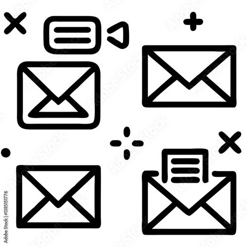 A playful exploration of email communication, showcasing messages being sent, received, and managed with bold, hand-drawn style and simple graphic elements.