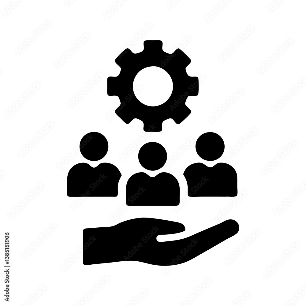A supportive hand nurturing a team's collaborative work, symbolized by interconnected people and a central gear, in a bold, simple graphic. A supportive hand nurturing a team's collaborative work, symbolized by interconnected people and a central gear, in a bold, simple graphic.