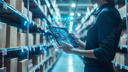 An AI powered smart inventory system tracking product sales and automatically reordering stock based on demand predictions, Retail technology style, photo of photo