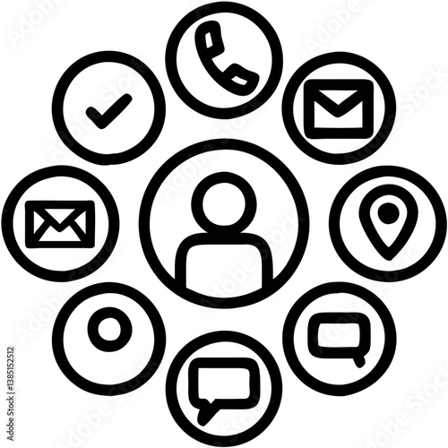 Connecting with people through diverse communication channels, a central figure surrounded by various contact methods in bold black outlines.