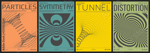 Tunnel. 3D grid surface. Abstract background made of distorted lines or dynamic particles. Pattern with optical illusion. Psychedelic stripes. Cover design template. Vector for brochure, flyer, card.