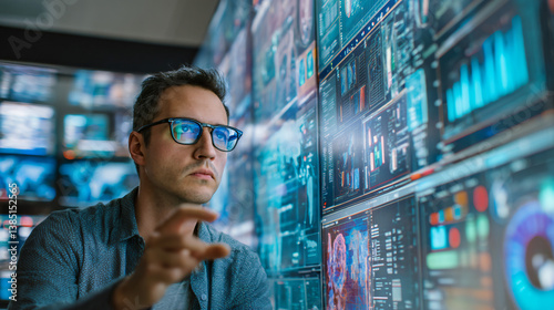 Data scientist analyzing big data visualizations in a tech startup environment.  