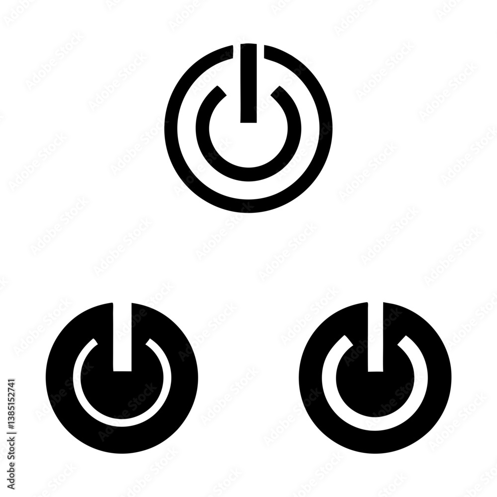 Power button variations: a study in bold, graphic simplicity showcasing different design iterations of the universal on/off symbol in stark black against a pure white backdrop. Power button variations: a study in bold, graphic simplicity showcasing different design iterations of the universal on/off symbol in stark black against a pure white backdrop.