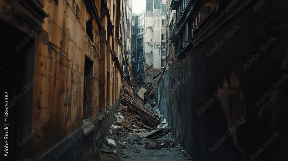 Fototapeta premium A narrow alley with a collapsed wall from one side, debris blocking the way