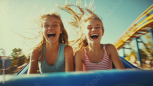 Obraz na płótnie Carefree friends caught in a moment of exhilaration on a fairground ride, striped summer tops and windswept blonde hair, laughing uncontrollably beneath bright blue skies w salonie