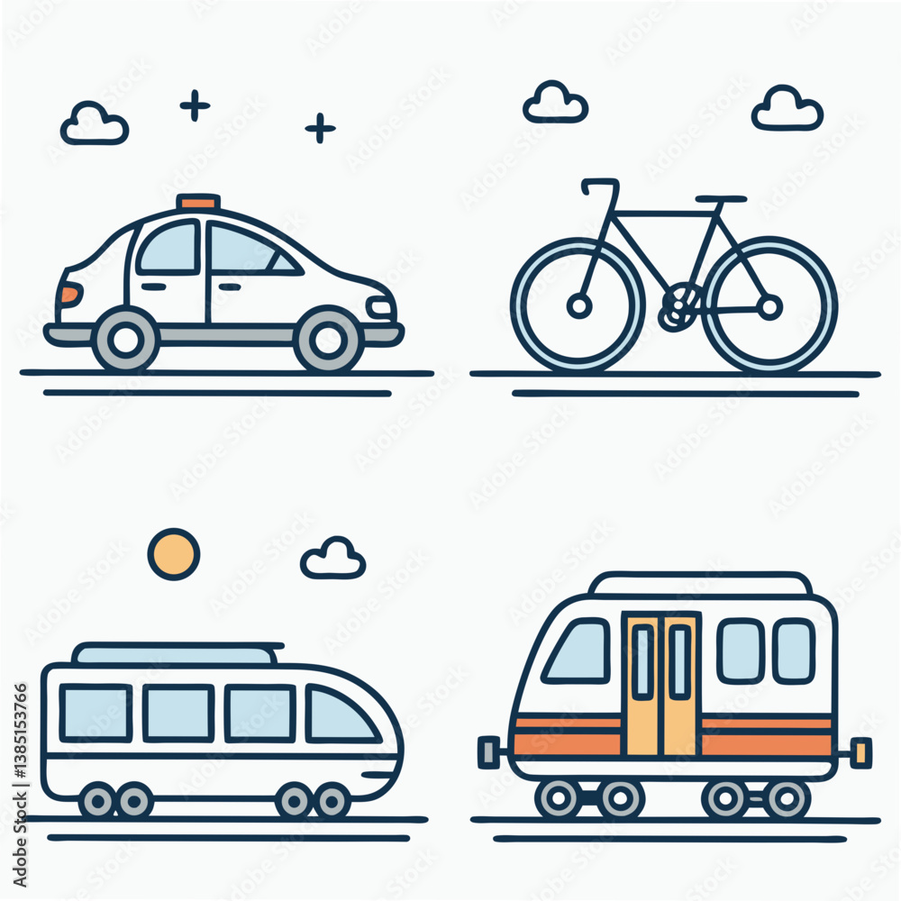 Naklejka premium Design a vector icon pack featuring bold stroke illustrations of various transportation modes cars, trains, planes, ships, bicycles. Include both land and air travel icons.