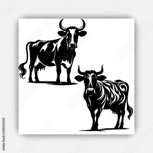 black and white vector illustration of a cow