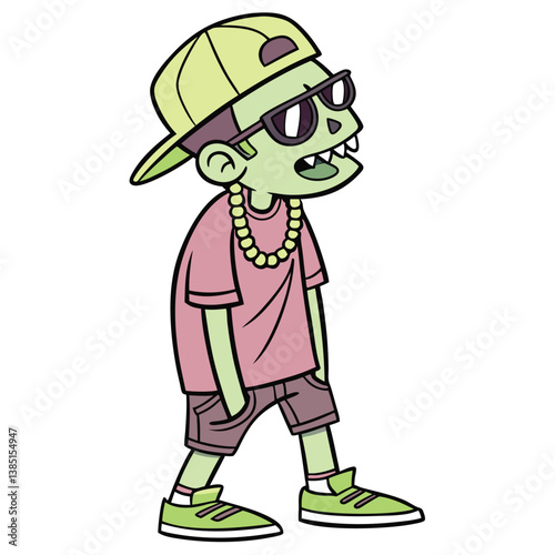 Cartoon Green Zombie Character with Cap, Shorts, and Sunglasses on White