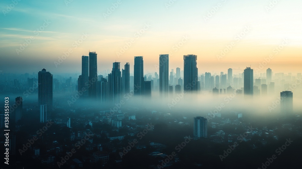 Fototapeta premium Sunrise Cityscape Fog Aerial View