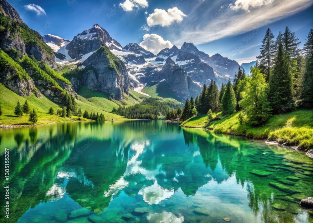 Swiss Alps: stunning drone photography captures a pristine lake's beauty amidst towering peaks. Swiss Alps: stunning drone photography captures a pristine lake's beauty amidst towering peaks.