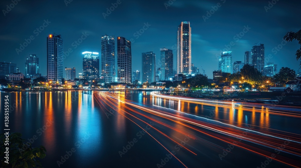 Fototapeta premium Night city river traffic light trails