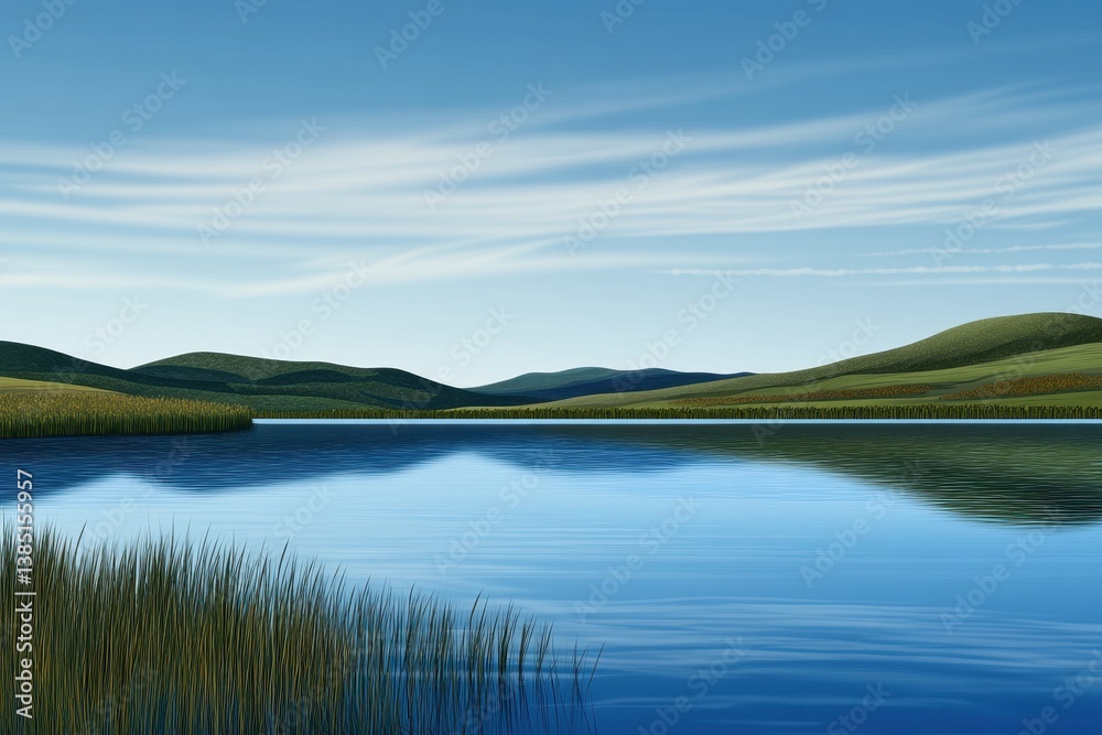 Fototapeta premium Calm lake and scenic grassy hills under a bright blue sky