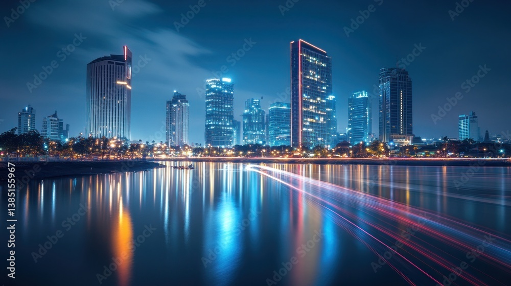 Fototapeta premium Night city skyline, waterfront lights, boat trail, urban scene