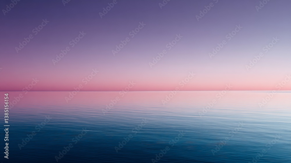 A serene view captures a gradient sky blending deep purple and soft pink over a calm ocean, evoking a dreamy and peaceful feeling at sunset