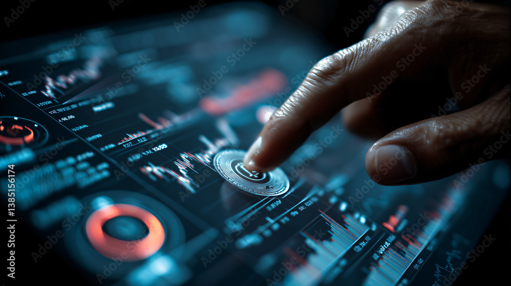 Obraz premium Digital currency specialist configuring blockchain investment interface, market volatility visualization, security protocol implementation, portfolio diversification strategy