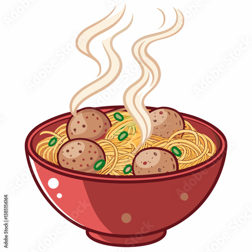 Create a bold, vector illustration of a steaming bowl of Bakso, showcasing its rich broth and noodles.  Include detail in the meatballs and garnishes.