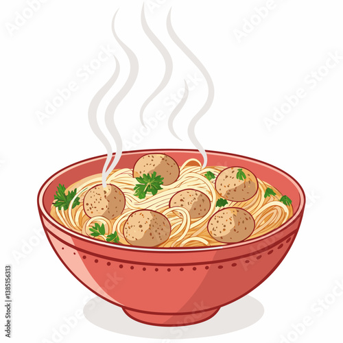 Create a bold vector illustration of a steaming bowl of bakso (meatball soup), emphasizing rich textures and a strong outline.  Include noodles and broth details.