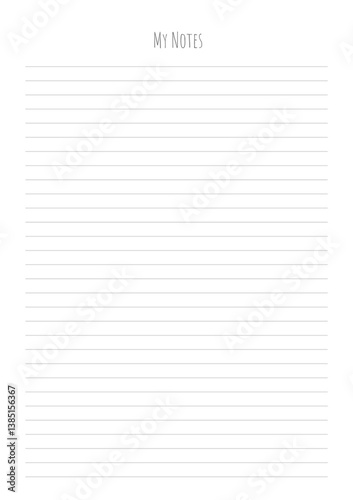 MY NOTES blank sheet of paper with straight parallel lines on white isolated background. Vector illustration.