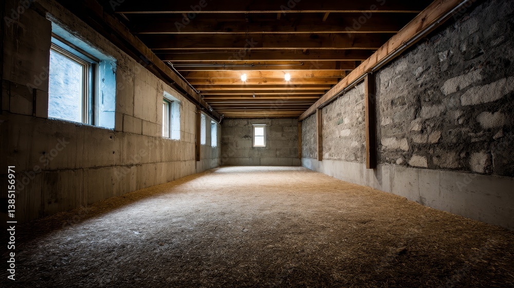 A wide shot of a rustic basement undergoing renovation features exposed brick walls, wooden beams, and insulation materials illuminated by natural light A wide shot of a rustic basement undergoing renovation features exposed brick walls, wooden beams, and insulation materials illuminated by natural light