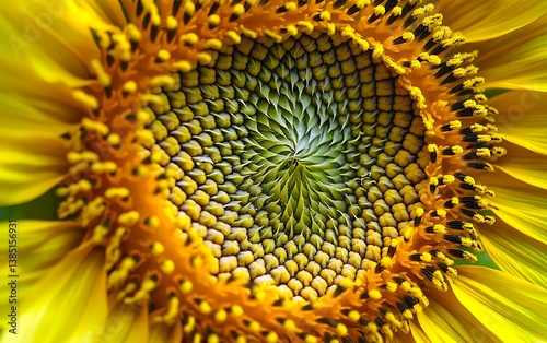 Close-up of a sunflower's center displaying the Fibonacci spiral arrangement of seeds, emphasizing the natural geometric patterns and textures