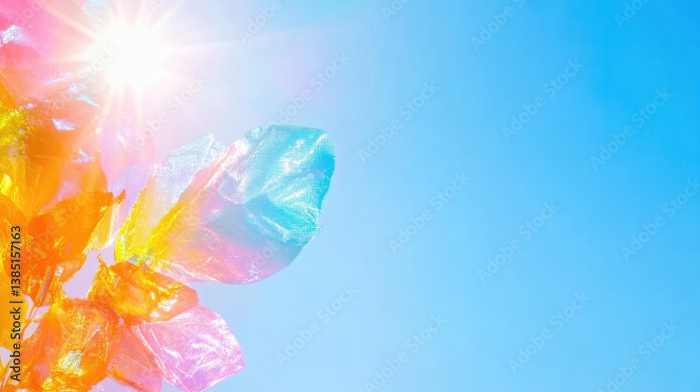 Fototapeta premium Holographic rainbow foil abstract patterns nature digital art bright atmosphere upward angle visual delight