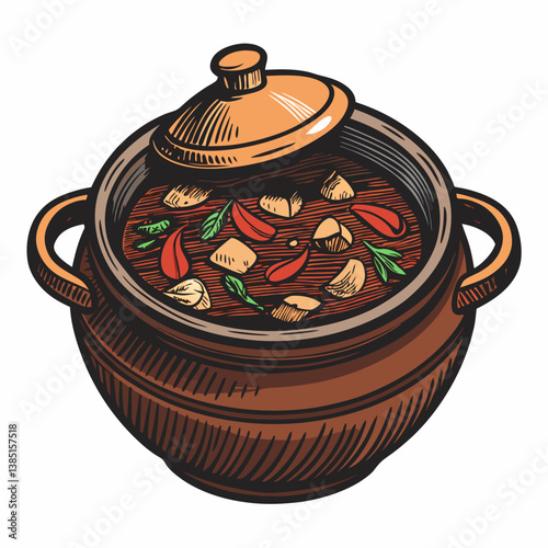 Create a bold vector illustration of a Chinese clay pot, emphasizing strong, thick outlines and a rustic texture.  Include details like lid and handle.