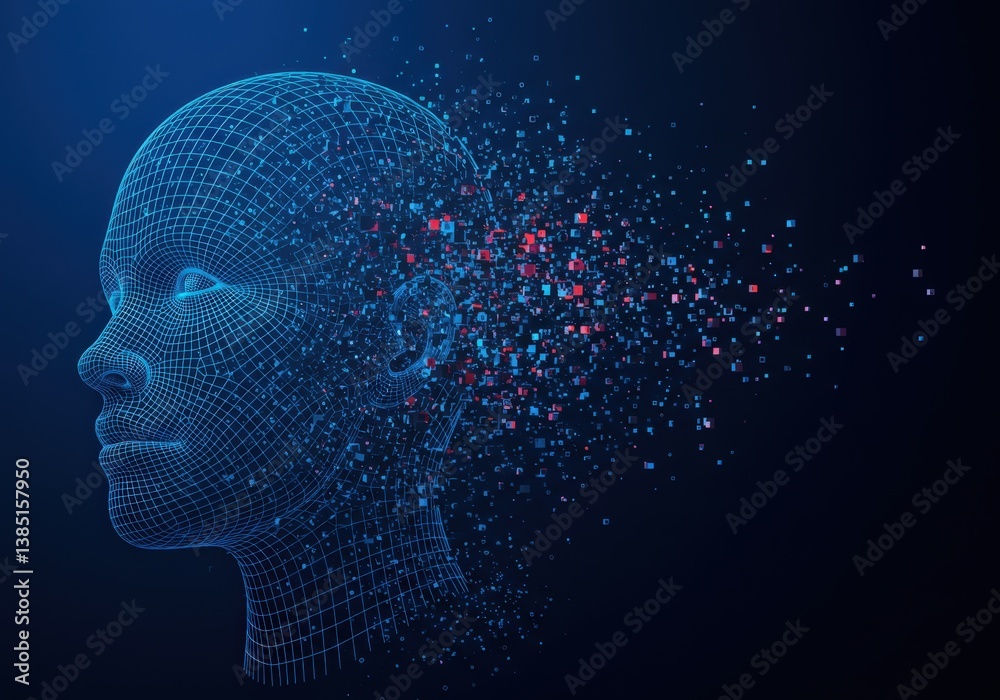 Obraz premium A digital rendering shows a wireframe head dissolving into pixels, signifying ai and data.