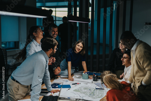 Diverse group of business people gather around a table, actively brainstorming and sharing ideas for a project. The atmosphere is vibrant and collaborative, emphasizing innovation and teamwork.