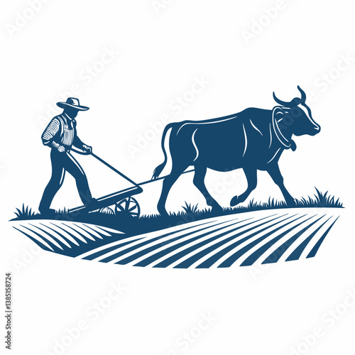 Create a vector illustration of a bold, black-stroked cow-drawn plow on a field.  Include detailed textures.