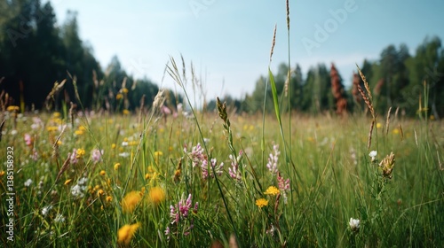 A peaceful spring meadow showcases blooming wildflowers and tall grass swaying gently in the breeze under a radiant blue sky, inviting tranquility and reflection