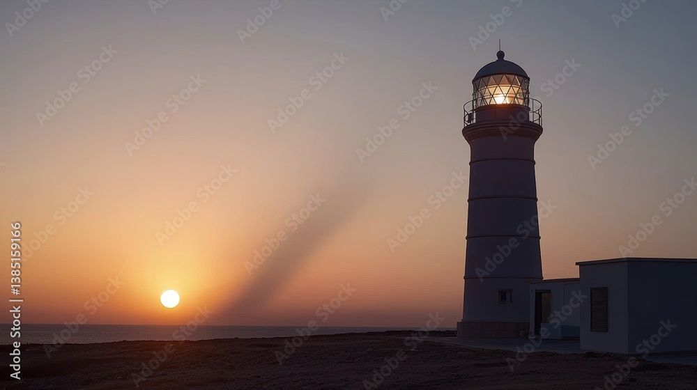 Towering Lighthouse at Sunrise with Long Shadows Cast by Rising Sun Over the Ocean Horizon Towering Lighthouse at Sunrise with Long Shadows Cast by Rising Sun Over the Ocean Horizon