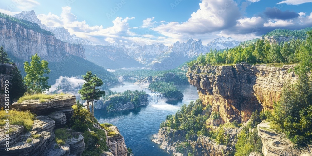 Obraz premium A breathtaking panoramic landscape featuring mountains and a flowing river