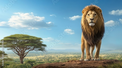 A 3D-rendered lion standing majestically with the Kenyan savanna stretching endlessly behind it