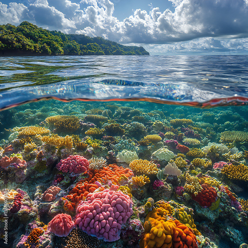 A stunning underwater scene of a coral reef drop-off, transitioning from shallow waters to the deep sea