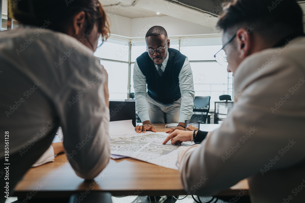 A group of business professionals collaborate in a modern office setting, discussing strategies and solutions. The image captures teamwork, analysis, and focused engagement in a corporate environment.