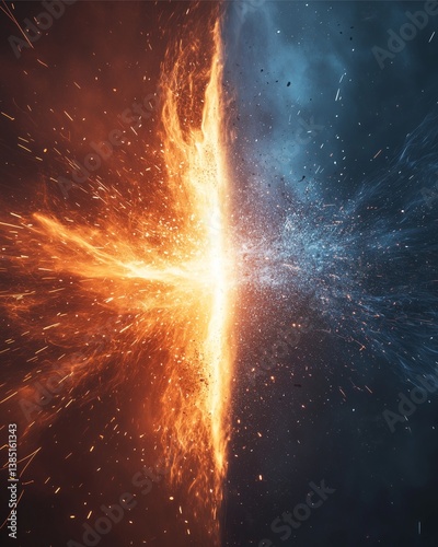 Collision of elements: Dynamic composition depicting the forceful collision of fire and ice, creating a striking visual representation of contrast, energy, and the power of opposing forces.