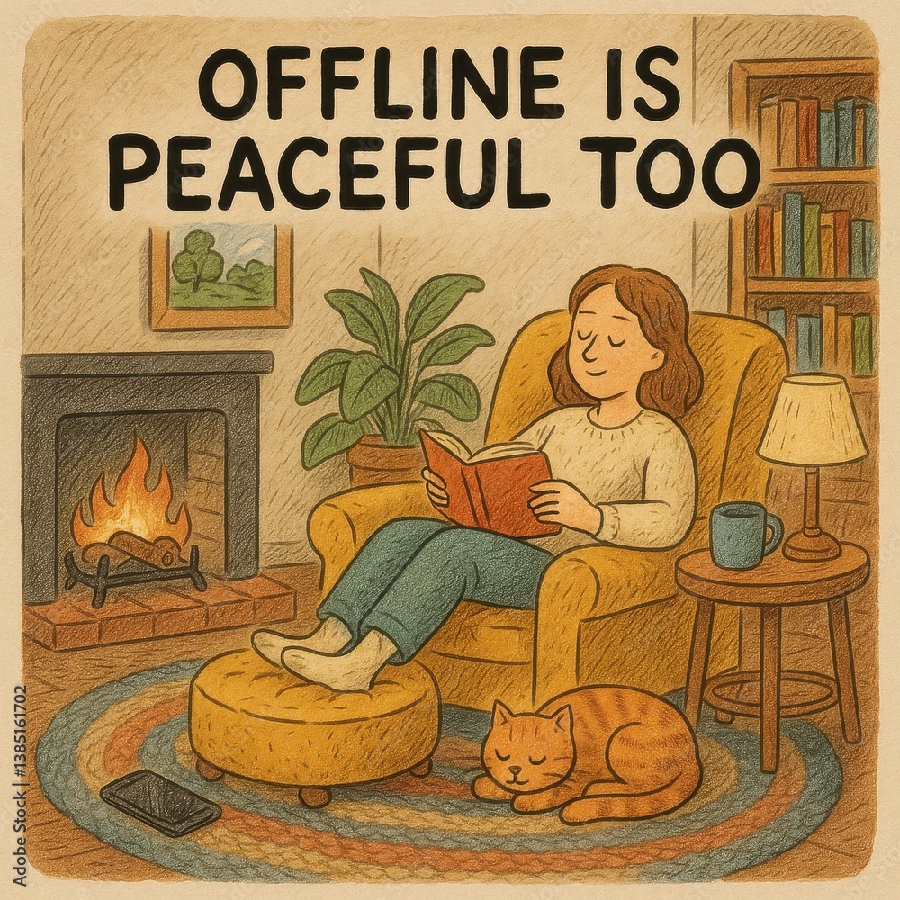 Woman relaxing by fireplace with book and cat, enjoying offline time in cozy living room
