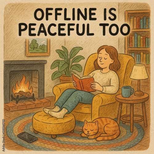 Obraz na płótnie Woman relaxing by fireplace with book and cat, enjoying offline time in cozy living room w salonie