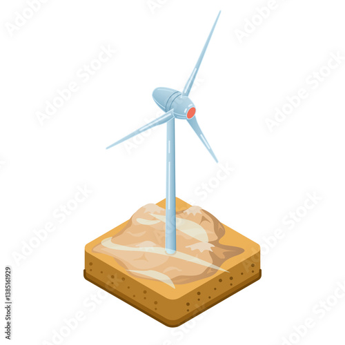 Wind Turbine in the Mountains. Isometric vector illustration of a wind turbine located in a mountainous area. Highlights the use of wind energy in high-altitude and remote regions.